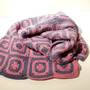 Hand Crocheted Baby Afghan Graney Square Pink Purple